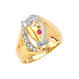 Red & White CZ Horse Mens Ring in 14K Two-Tone Gold