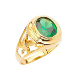 Green CZ Eagle Center-Stone Mens Ring in 14K Gold