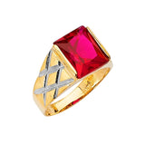 Red CZ Center-Stone Mens Ring in 14K Two-Tone Gold