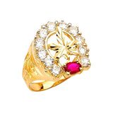 Red & White CZ Marijuana Mens Ring in 14K Gold