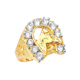 White CZ Horse Mens Ring in 14K Gold