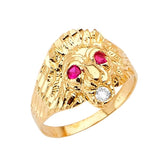 Red & White CZ Lion Mens Ring in 14K Gold