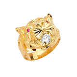 Red & White CZ Lion Mens Ring in 14K Gold