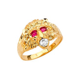 Red & White CZ Lion Mens Ring in 14K Gold