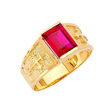 Red CZ Cross Center-Stone Mens Ring in 14K Gold