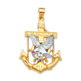 Red CZ Anchor Mens Pendant in 14K Two-Tone Gold