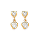 Heart Dangling Earrings with White CZ in 14K Gold and Screw Backing