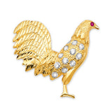 Red & White CZ Rooster Mens Pendant in 14K Gold
