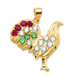 Green, White & Red CZ Rooster Mens Pendant in 14K Gold