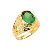 Green CZ Center-Stone Mens Ring in 14K Gold