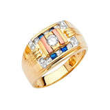 Blue & White CZ Fancy Mens Ring in 14K Tri-Color Gold