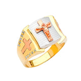 White CZ Crucifix Mens Ring in 14K Tri-Color Gold