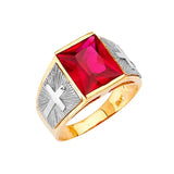 Red CZ Cross Center-Stone Mens Ring in 14K Two-Tone Gold