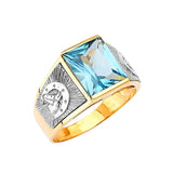 Blue CZ Horse Center-Stone Mens Ring in 14K Two-Tone Gold