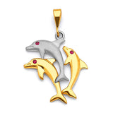 Red CZ Dolphin Ladies Pendant in 14K Two-Tone Gold