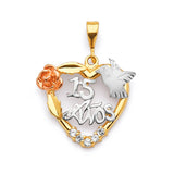 White CZ Dove Quinceañera Pendant in 14K Tri-Color Gold