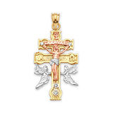 White CZ Crucifix Pendant in 14K Tri-Color Gold