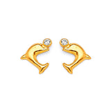 Dolphin Stud Earrings with White CZ in 14K Gold and Screw Backing