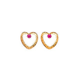 Heart Stud Earrings with Red CZ in 14K Gold and Screw Backing