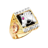 White CZ and Onyx Horse Mens Ring in 14K Tri-Color Gold