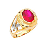 Red CZ Eagle Center-Stone Mens Ring in 14K Two-Tone Gold