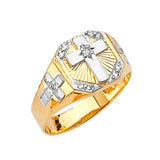 White CZ Cross Mens Ring in 14K Two-Tone Gold