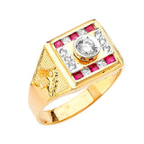 Red & White CZ Horse Mens Ring in 14K Two-Tone Gold
