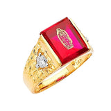 Red & White CZ Guadalupe Center-Stone Mens Ring in 14K Gold