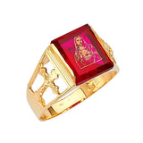 Red CZ Cross Center-Stone Mens Ring in 14K Gold