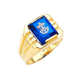 Blue CZ Anchor Center-Stone Mens Ring in 14K Gold