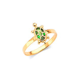 Green CZ Turtle Kids Ring in 14K Gold