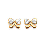 Ribbon Stud Earrings with White CZ in 14K Gold and Butterfly Backing