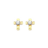Cross Stud Earrings with White CZ in 14K Gold and Screw Backing