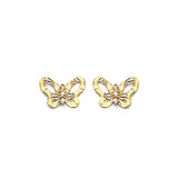 Butterfly Stud Earrings with White CZ in 14K Gold and Screw Backing