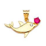 Red & White CZ Dolphin Ladies Pendant in 14K Gold
