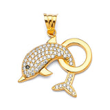 Blue & White CZ Dolphin Ladies Pendant in 14K Gold