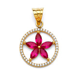 Red & White CZ Flower Ladies Pendant in 14K Gold
