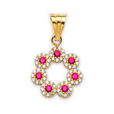 Red & White CZ Flower Ladies Pendant in 14K Gold
