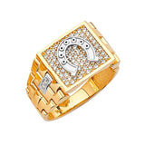 White CZ Horseshoe Micro-Pave Mens Ring in 14K Two-Tone Gold