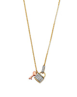 Adjustable 17"-18" White CZ Key Charm Necklace in 14K Tri-Color Gold