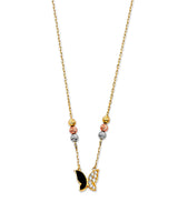 Adjustable 17"-18" White CZ Onyx Butterfly Charm Necklace in 14K Tri-Color Gold