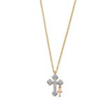 Adjustable 17"-18" White CZ Cross Charm Necklace in 14K Tri-Color Gold