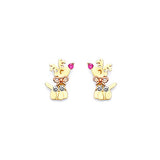 Dog Stud Earrings with Pink CZ in 14K Two-Tone Gold and Butterfly Backing