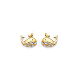 Dolphin Stud Earrings with White CZ in 14K Gold and Butterfly Backing