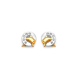 Dolphin Stud Earrings with White CZ in 14K Two-Tone Gold and Butterfly Backing