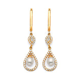 Drop Earrings with White CZ and Pearl in 14K Gold
