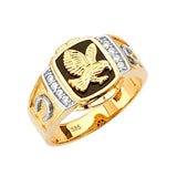 White CZ and Onyx Eagle Mens Ring in 14K Two-Tone Gold