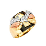 White CZ and Onyx Eagle Mens Ring in 14K Tri-Color Gold