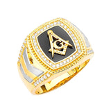 White CZ and Onyx Masonic Mens Ring in 14K Two-Tone Gold