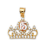 Pink & White CZ Tiara Quinceañera Pendant in 14K Two-Tone Gold